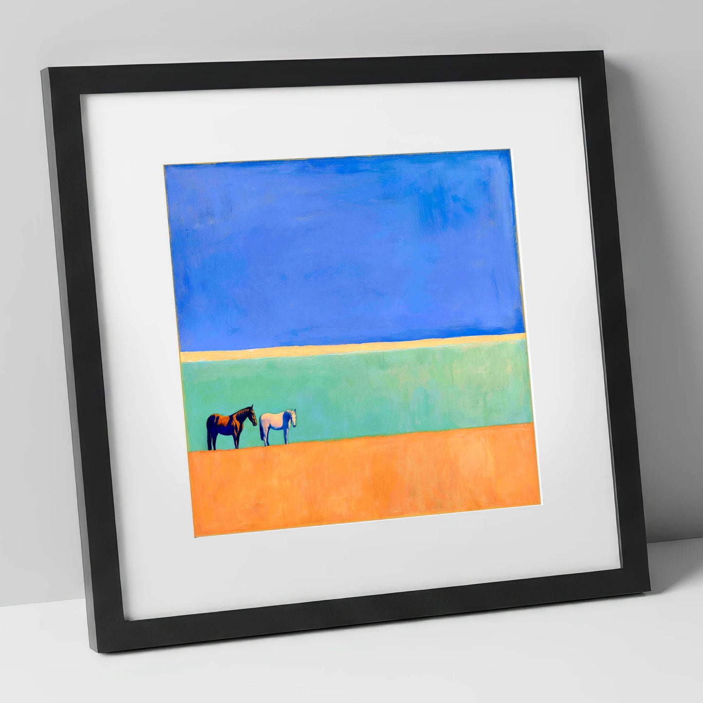 Sunlit Plain horse landscape art print in black frame