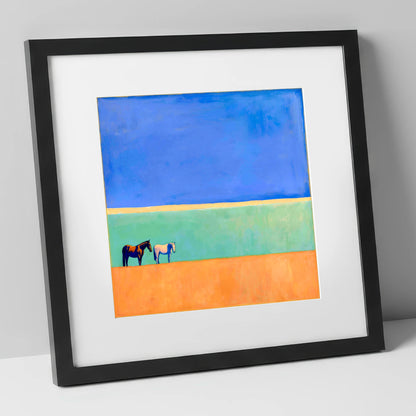 Sunlit Plain horse landscape art print in black frame
