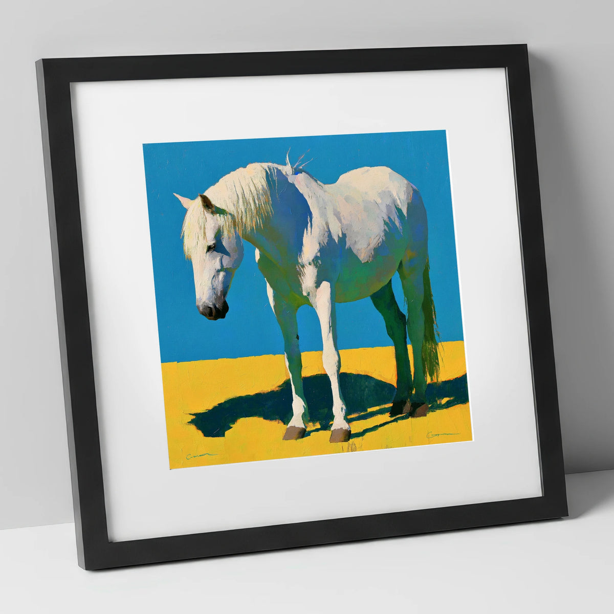 Sunlit Grey Horse Blue Sky horse breed art print in black frame