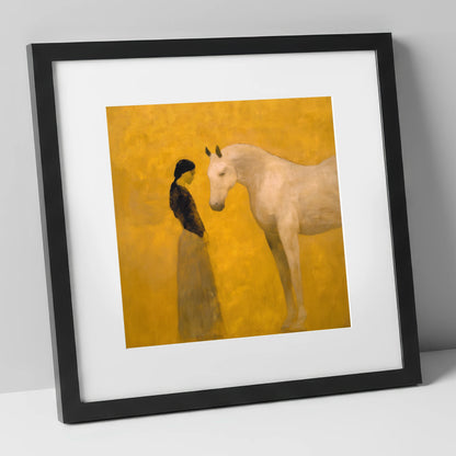 A Quiet Kinship horse & rider art print in black frame