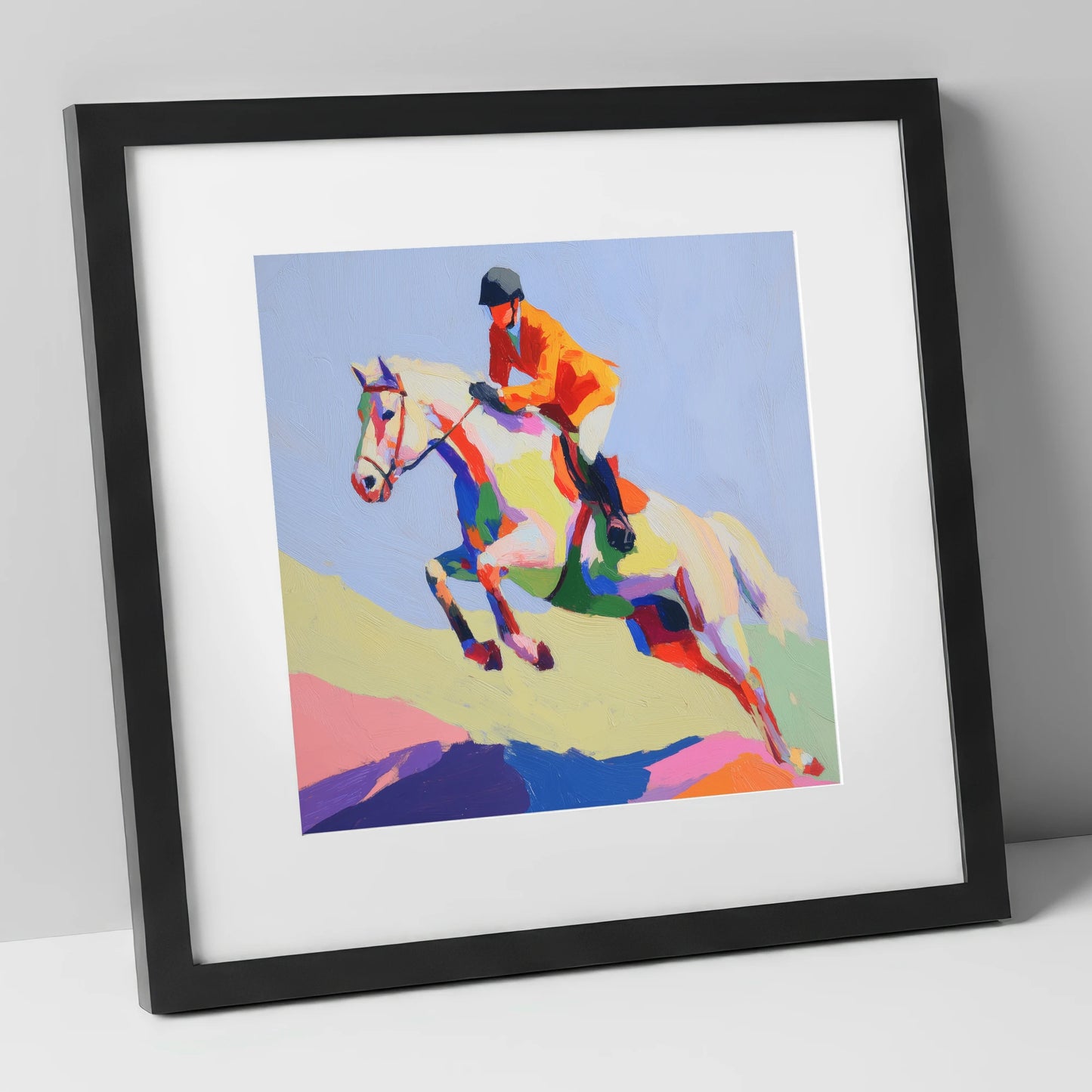 Technicolour Ascent show jumping horse art print in black frame