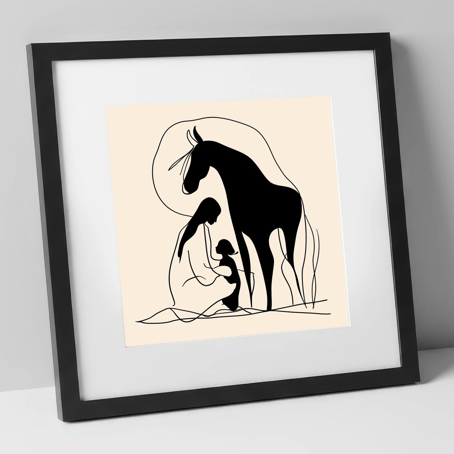 The Gentle Guardian horse & rider art print in black frame