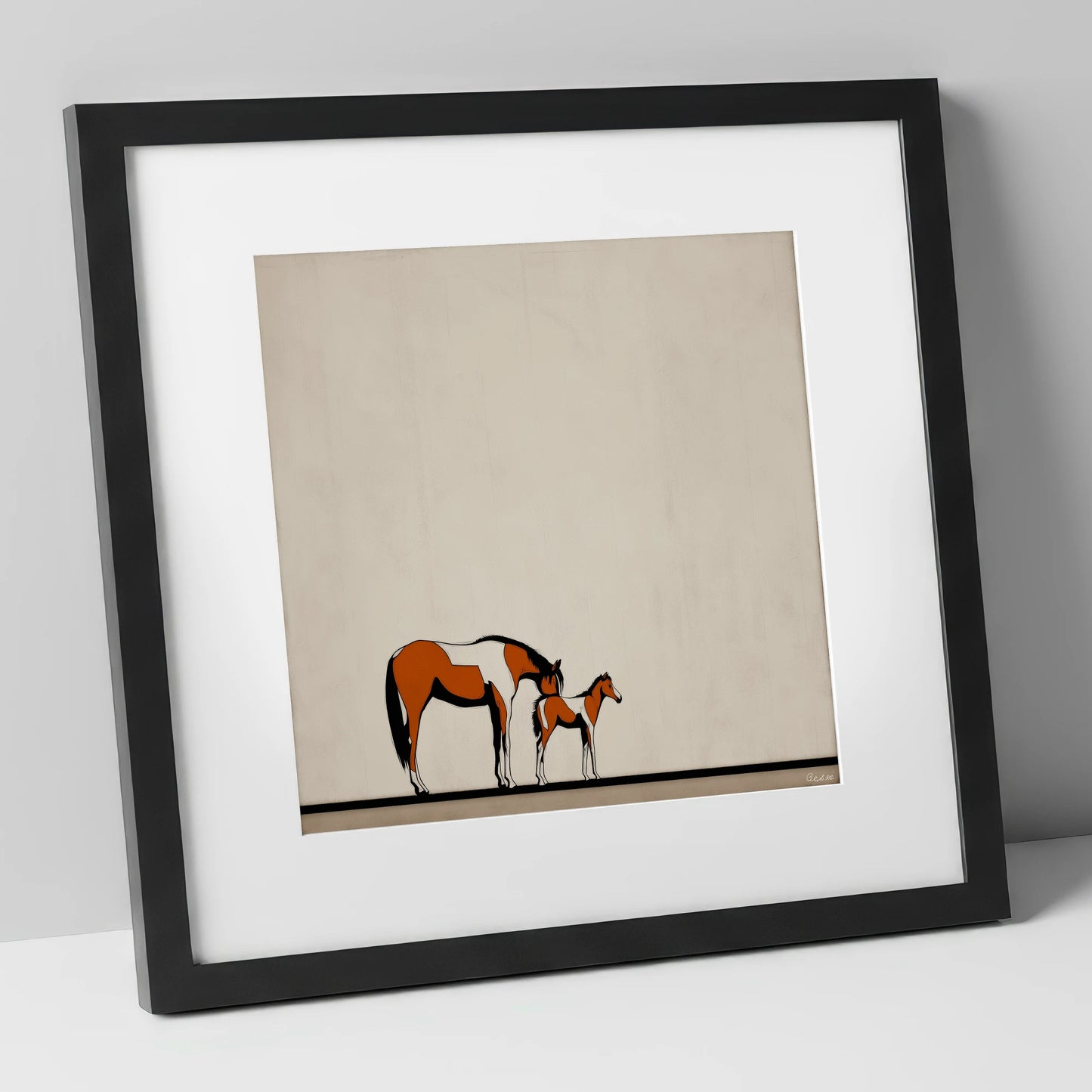 Quiet Moments mare & foal art print in black frame