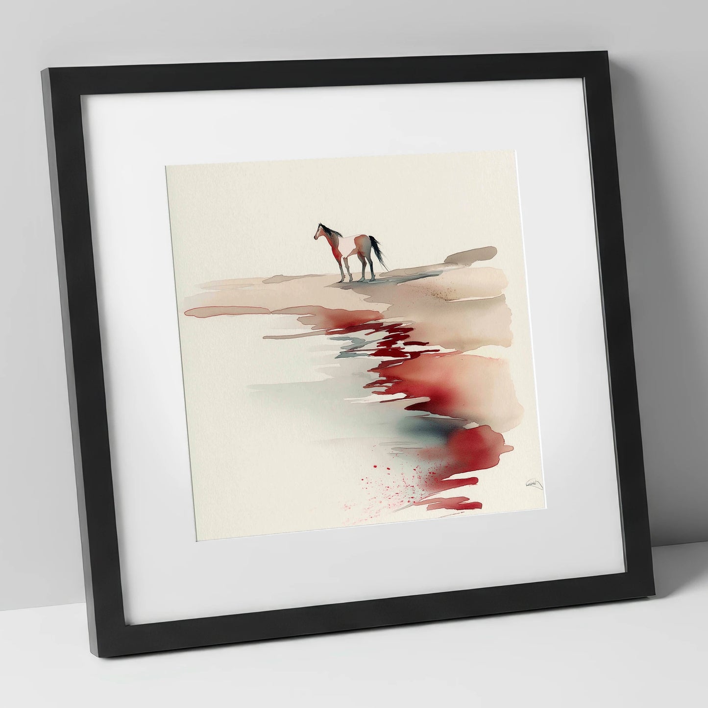 Crimson Horizon horse landscape art print in black frame