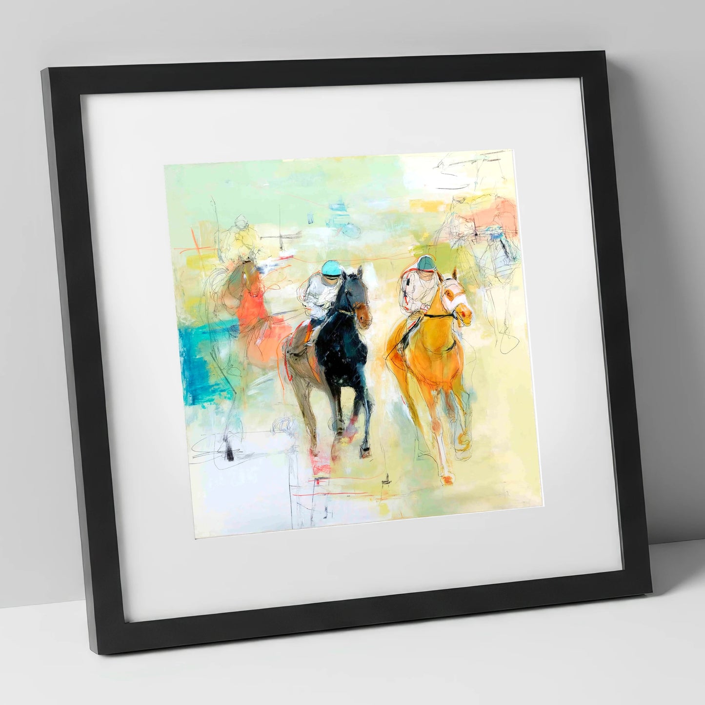 Thundering Strides racing horse art print in black frame
