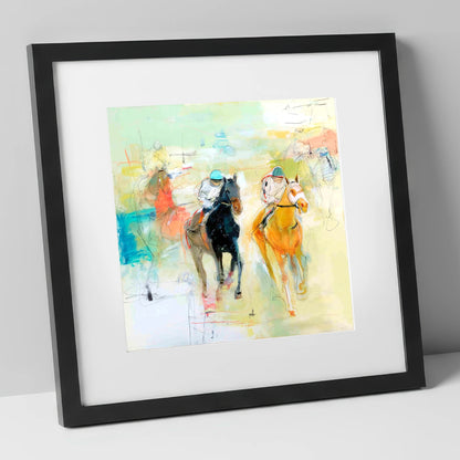 Thundering Strides racing horse art print in black frame