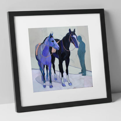 Shadows of the Yard racing horse art print in black frame