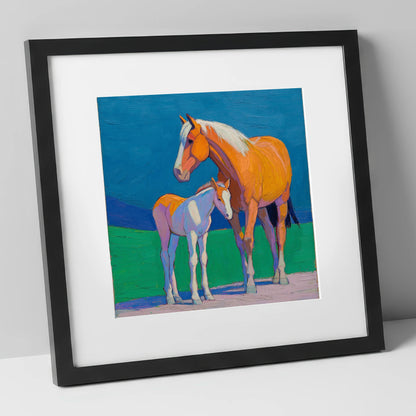 Vivid Summer Bond mare & foal art print in black frame