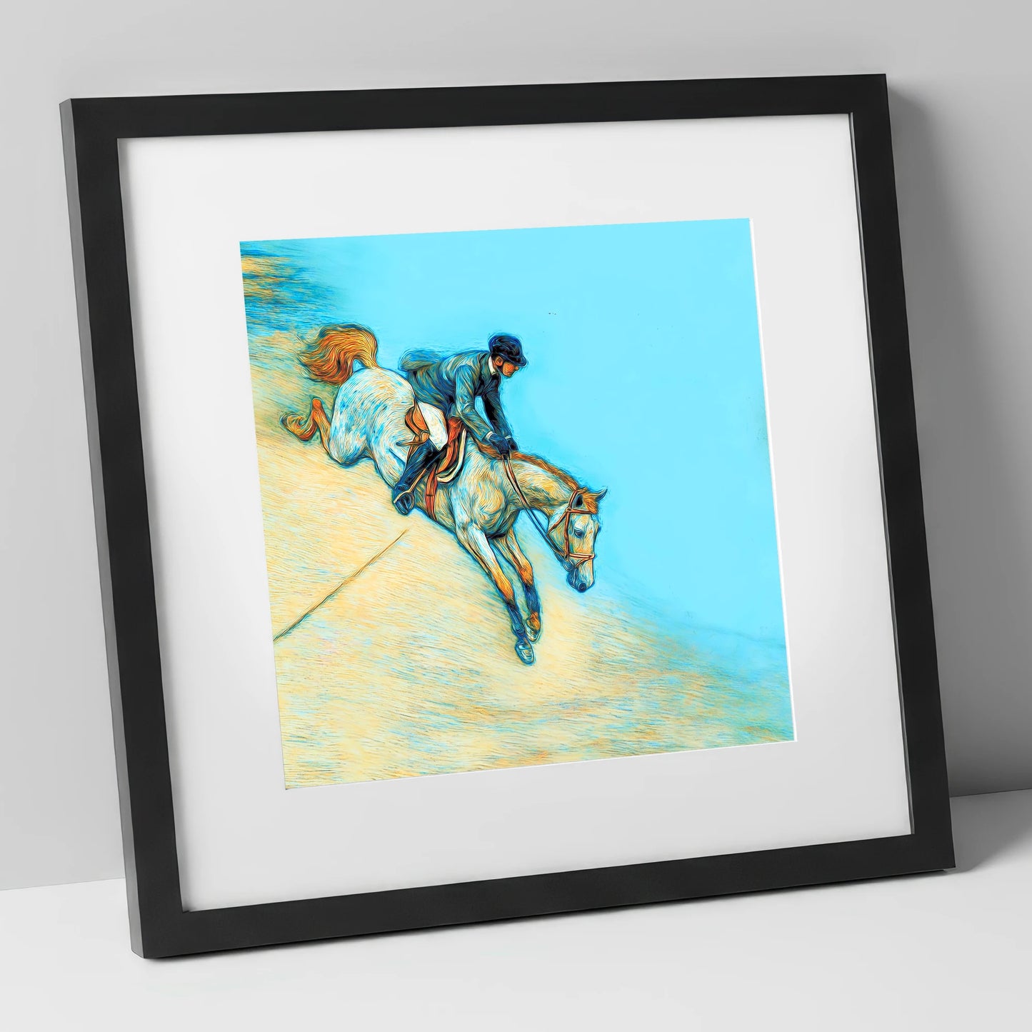 Bold Cerulean Flight show jumping horse art print in black frame