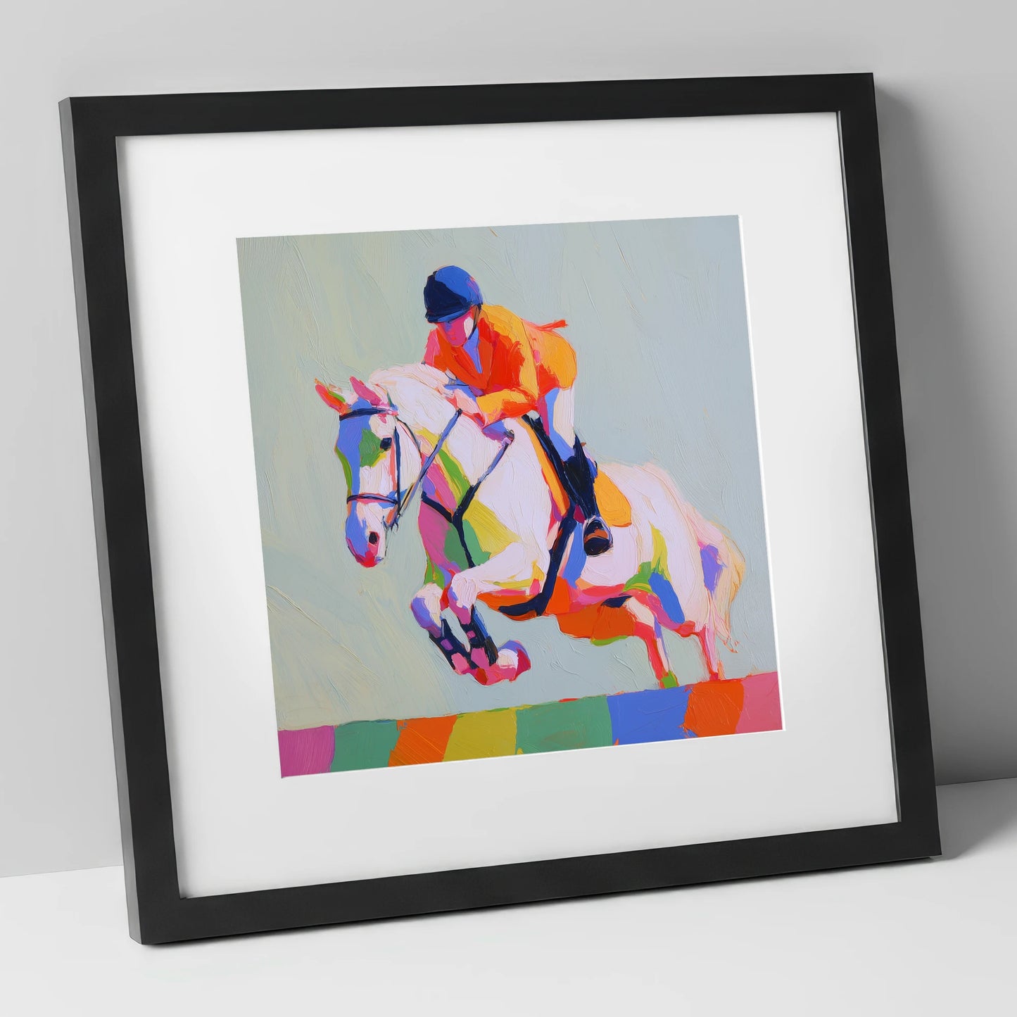 Technicolour Flight show jumping horse art print in black frame
