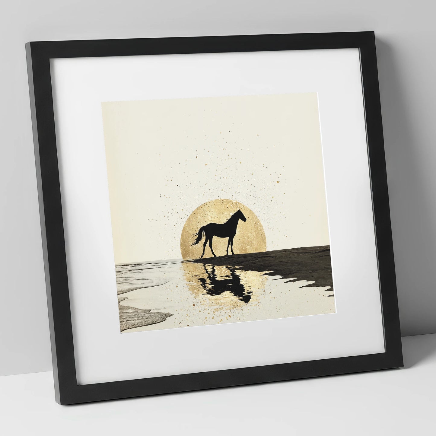 Gilded Shoreline Solitude horse landscape art print in black frame