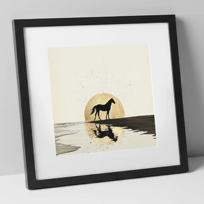 Gilded Shoreline Solitude horse landscape art print in black frame