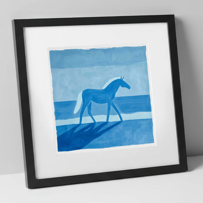 Cobalt Coastal Strides horse landscape art print in black frame