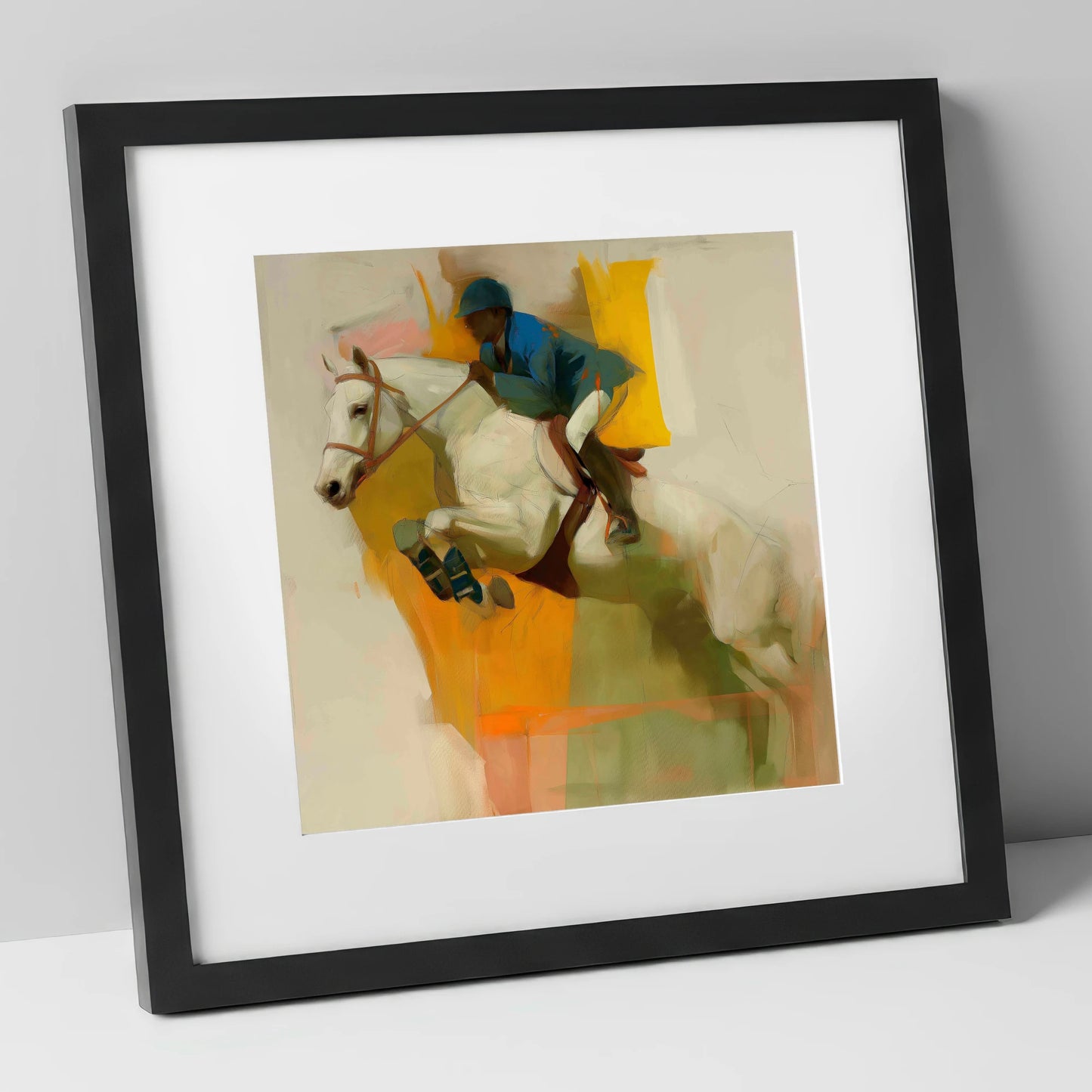The Moment of Suspension show jumping horse art print in black frame