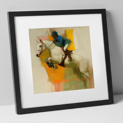 The Moment of Suspension show jumping horse art print in black frame