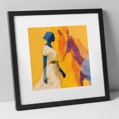 Golden Synchronicity horse & rider art print in black frame
