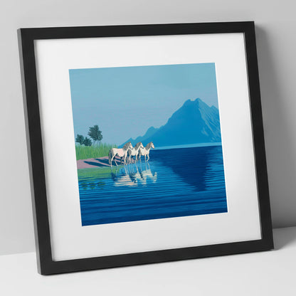Reflections in Azure wild horses art print in black frame