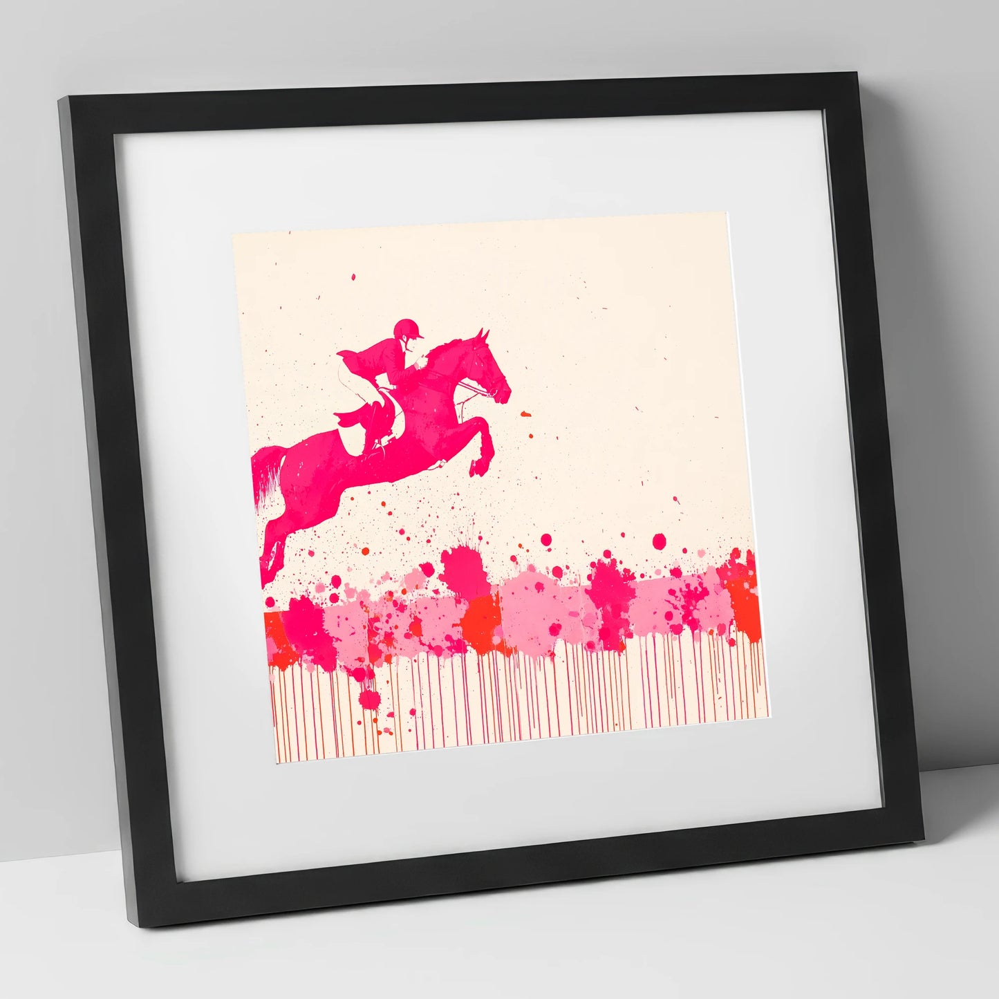 Magenta Flight show jumping horse art print in black frame