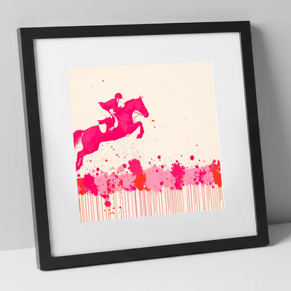 Magenta Flight show jumping horse art print in black frame