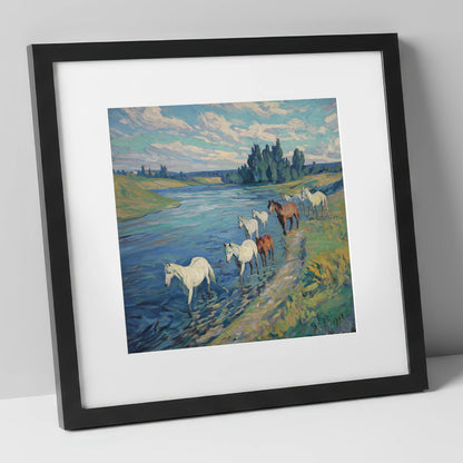 Riverside Herd wild horses art print in black frame