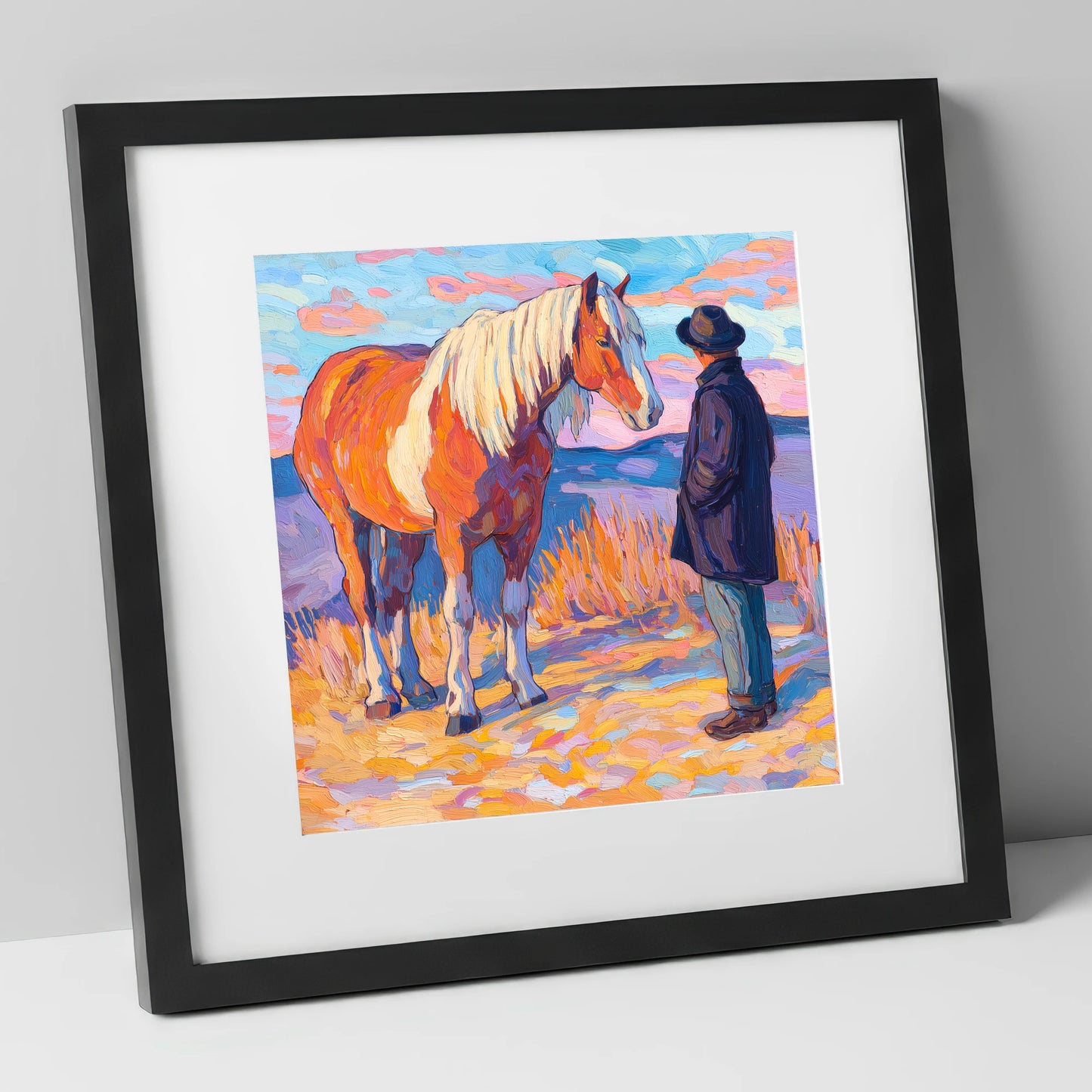 Golden Hour Harmony horse & rider art print in black frame