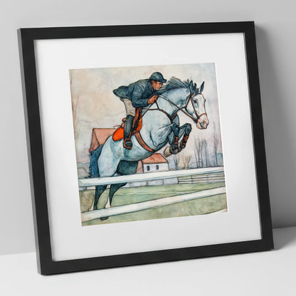 Clearing the Rails show jumping horse art print in black frame