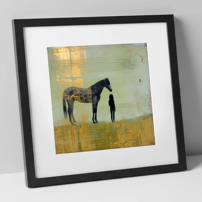 Gilded Connection horse & rider art print in black frame