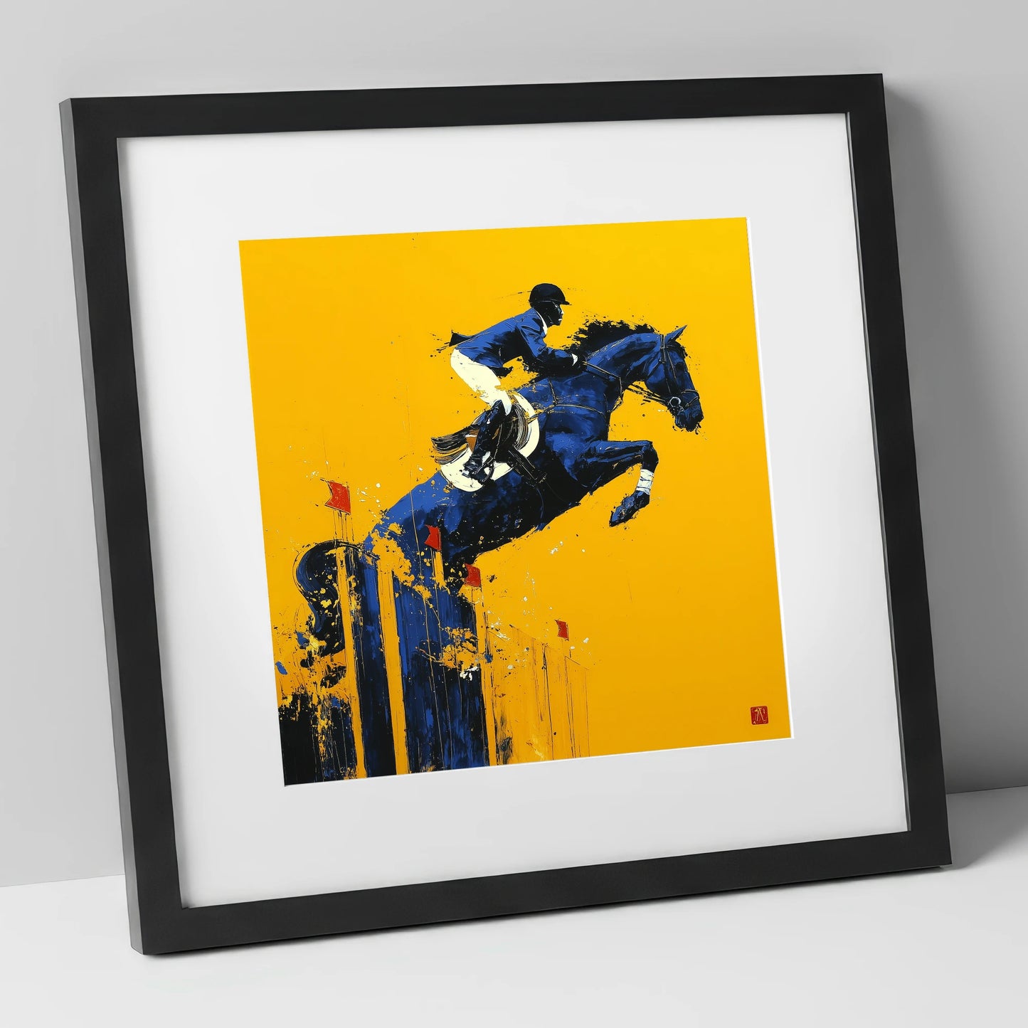 Indigo Ascent show jumping horse art print in black frame