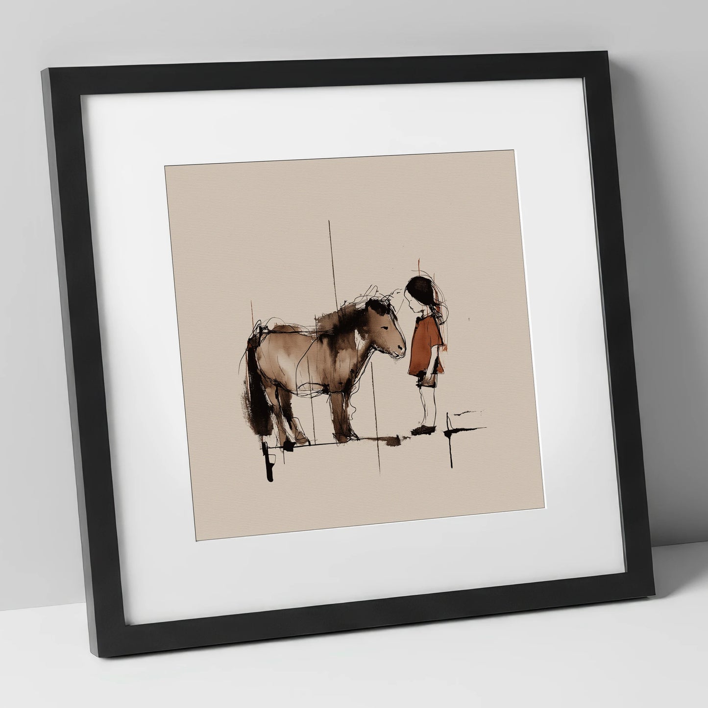 Silent Understanding horse & rider art print in black frame