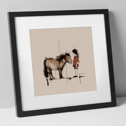 Silent Understanding horse & rider art print in black frame