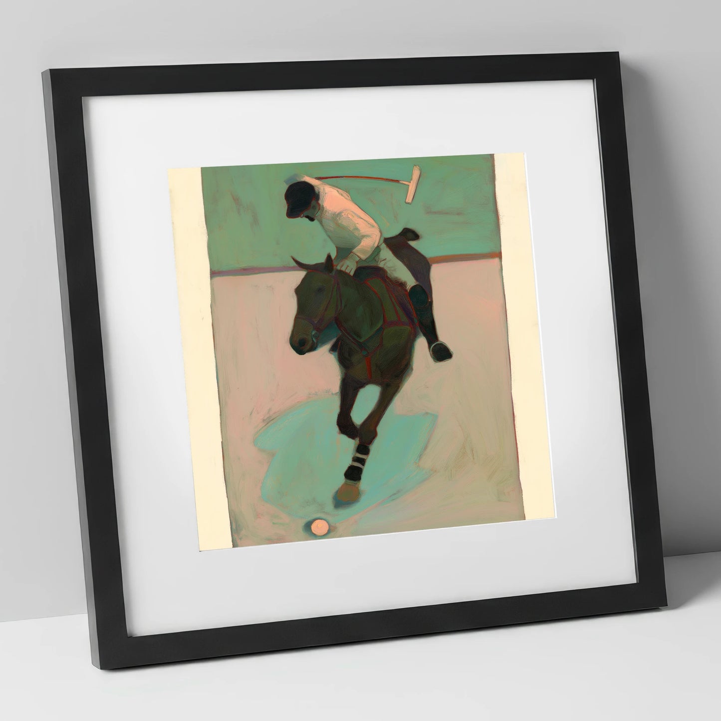 Turning on the Ball polo horse art print in black frame