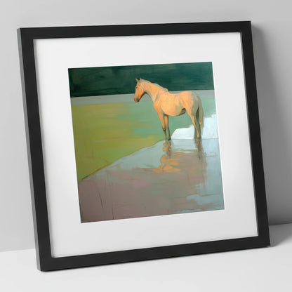 Serene Beach Reflection beach horse art print in black frame