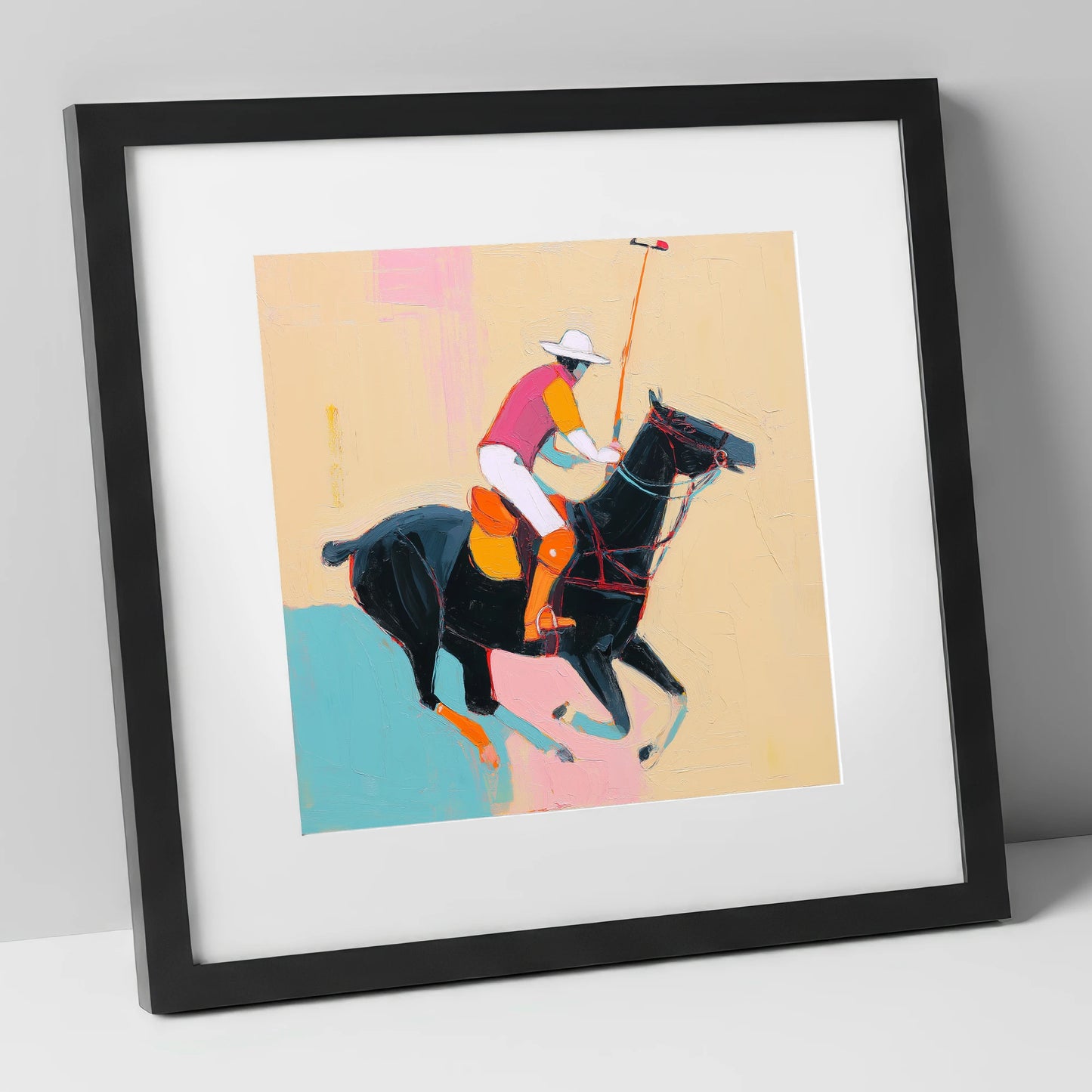 Vibrant Polo Strike polo horse art print in black frame