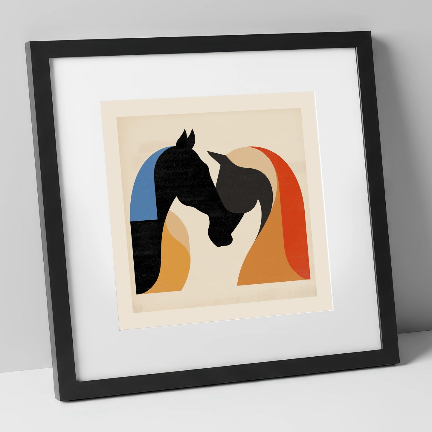 Abstract Equine Embrace horse portrait art print in black frame