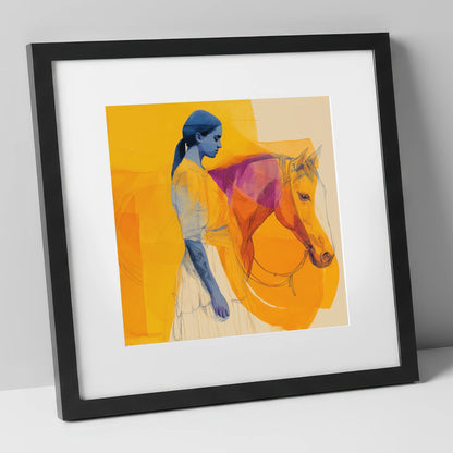 Vivid Bond horse & rider art print in black frame