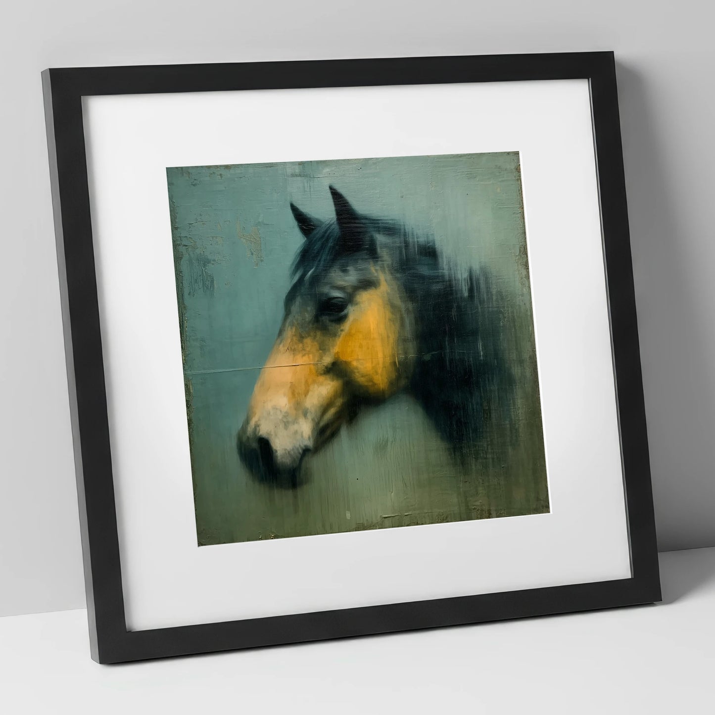 Teal and Ochre Profile horse portrait art print in black frame