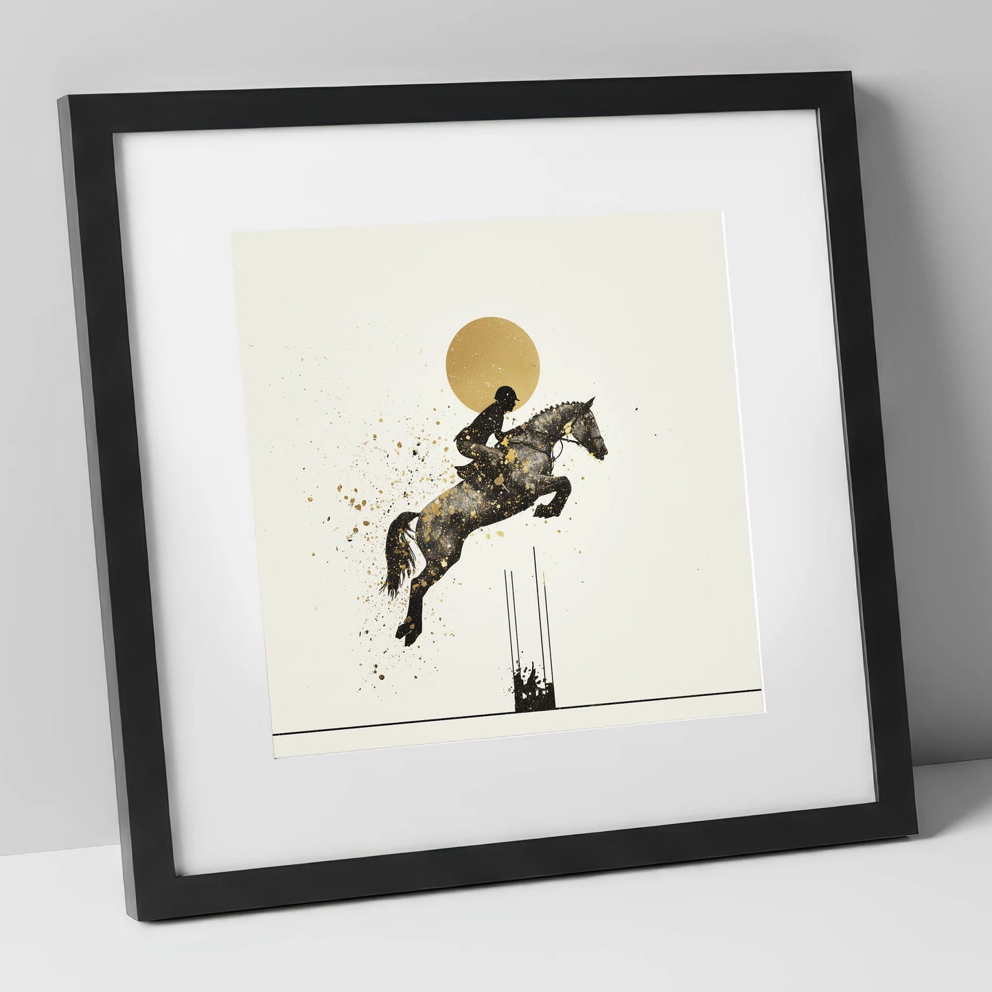 Golden Arc Showjumper show jumping horse art print in black frame