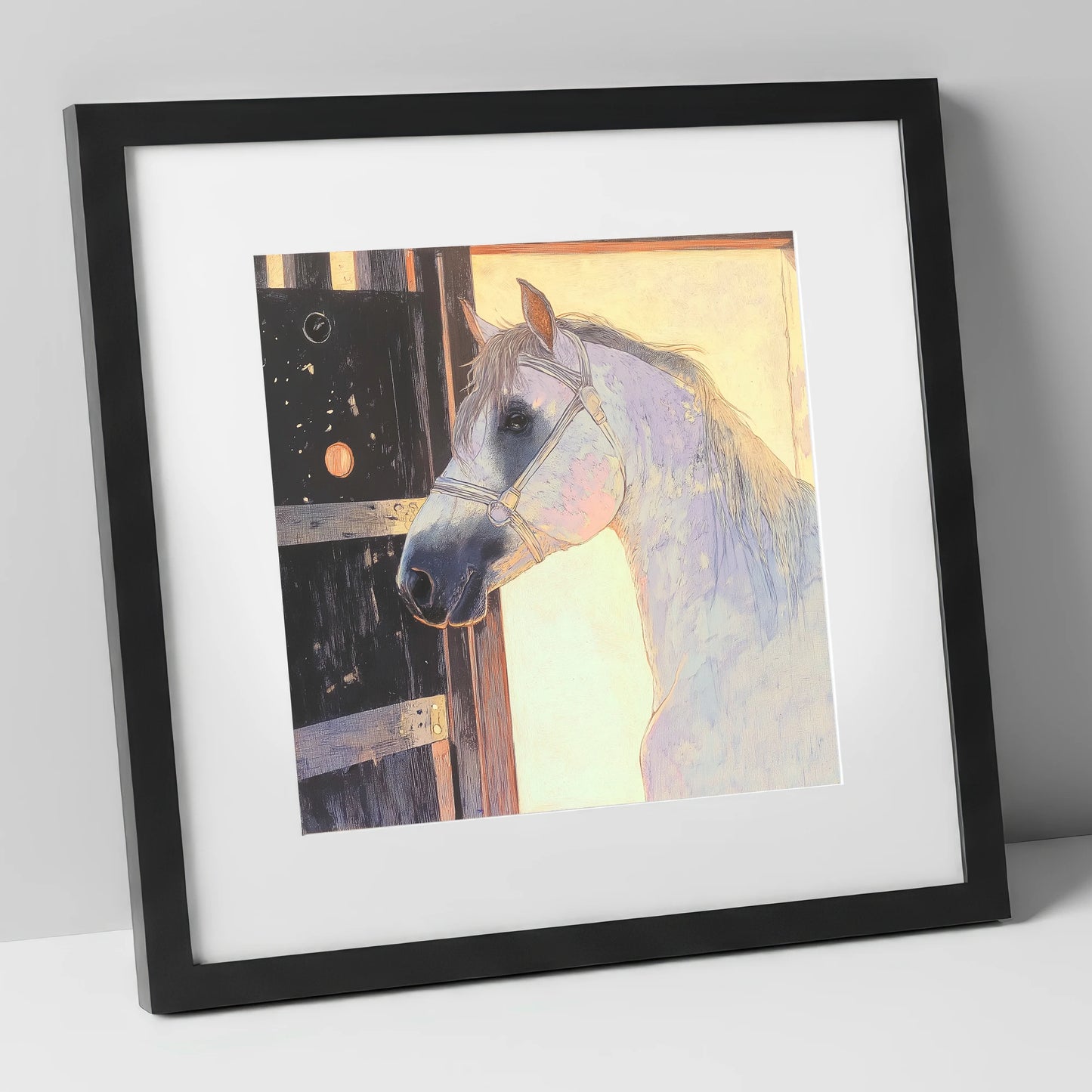 The Luminous Grey horse stable art print in black frame