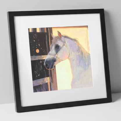 The Luminous Grey horse stable art print in black frame