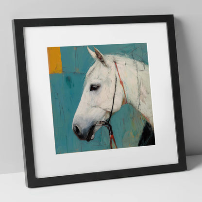 Alabaster Study in Teal horse portrait art print in black frame