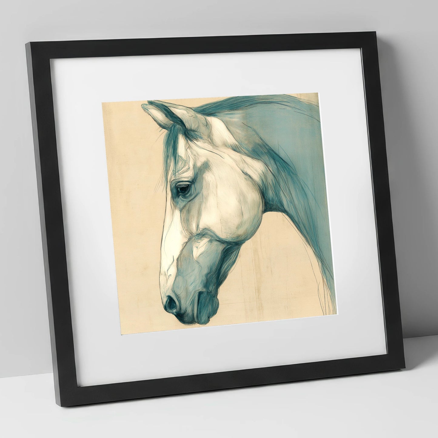 Teal Wash Portrait horse portrait art print in black frame