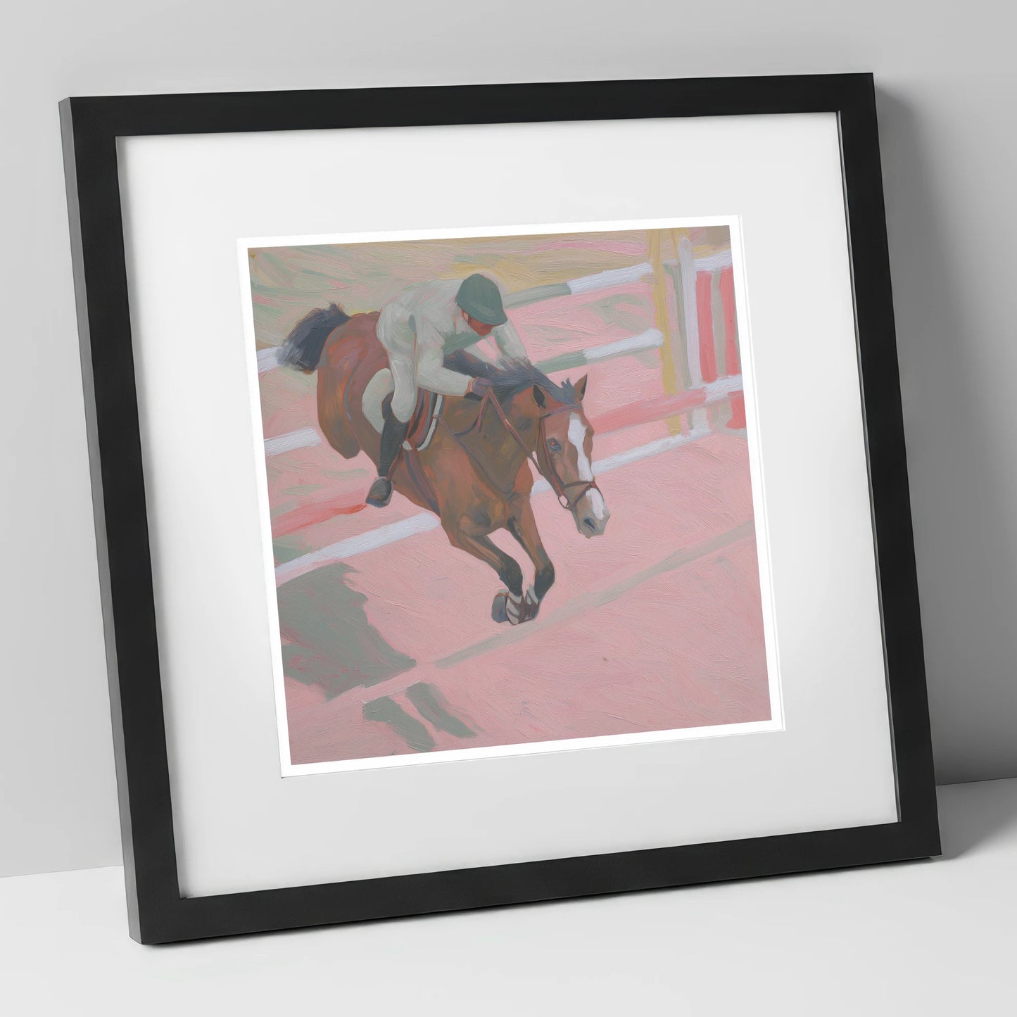 Suspended in Pink show jumping horse art print in black frame