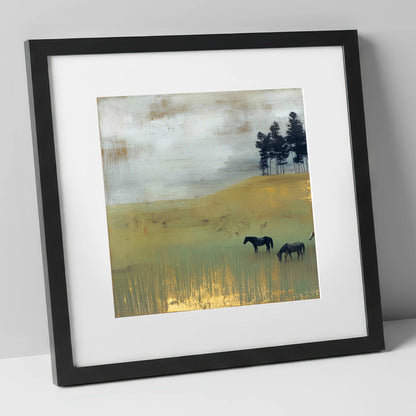 Gilded Grazing wild horses art print in black frame