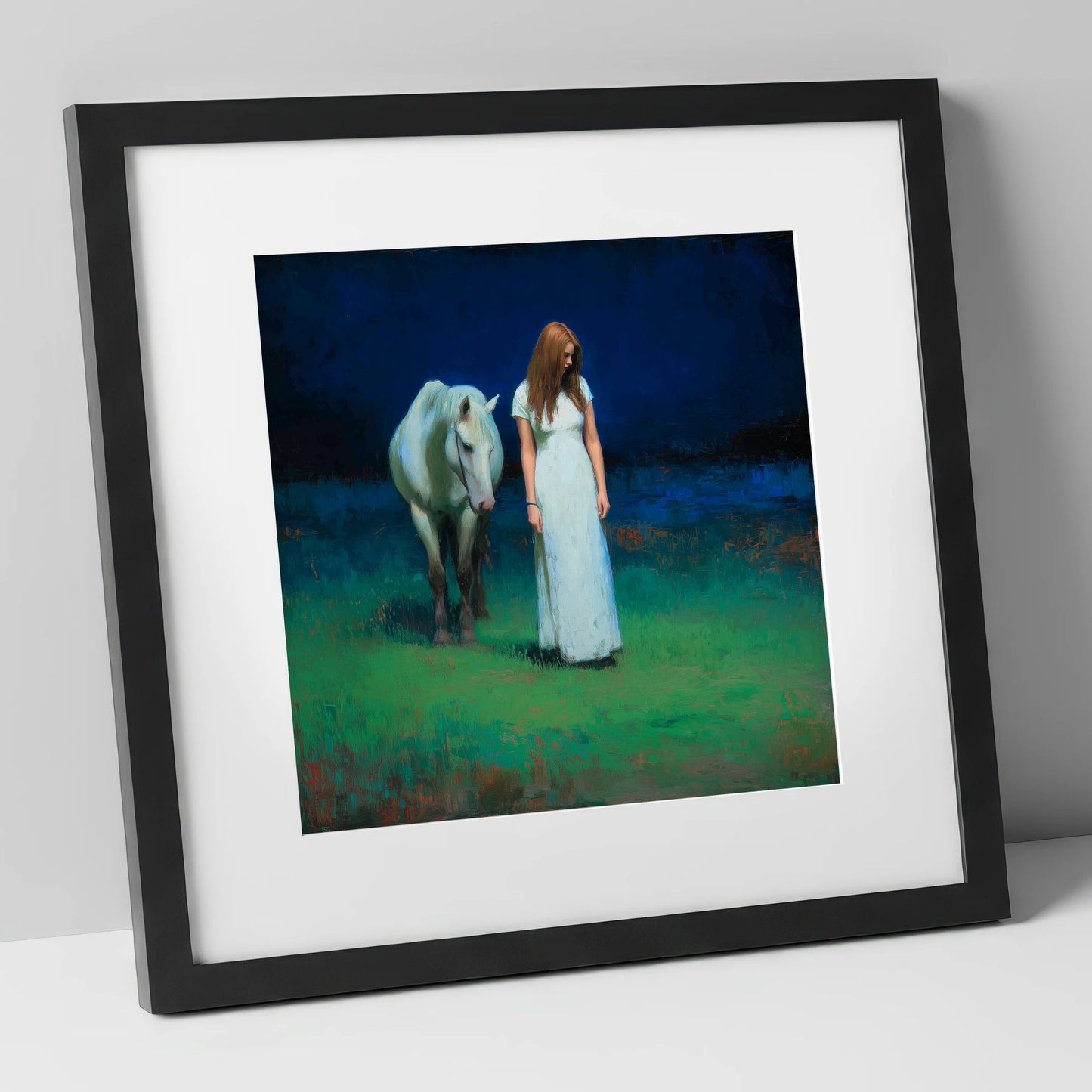 The Quiet Hour horse & rider art print in black frame