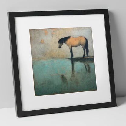 Tranquil Waters Reflection horse landscape art print in black frame