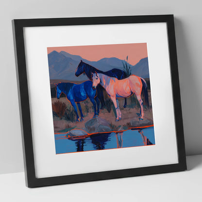 Vivid Indigo Dusk wild horses art print in black frame