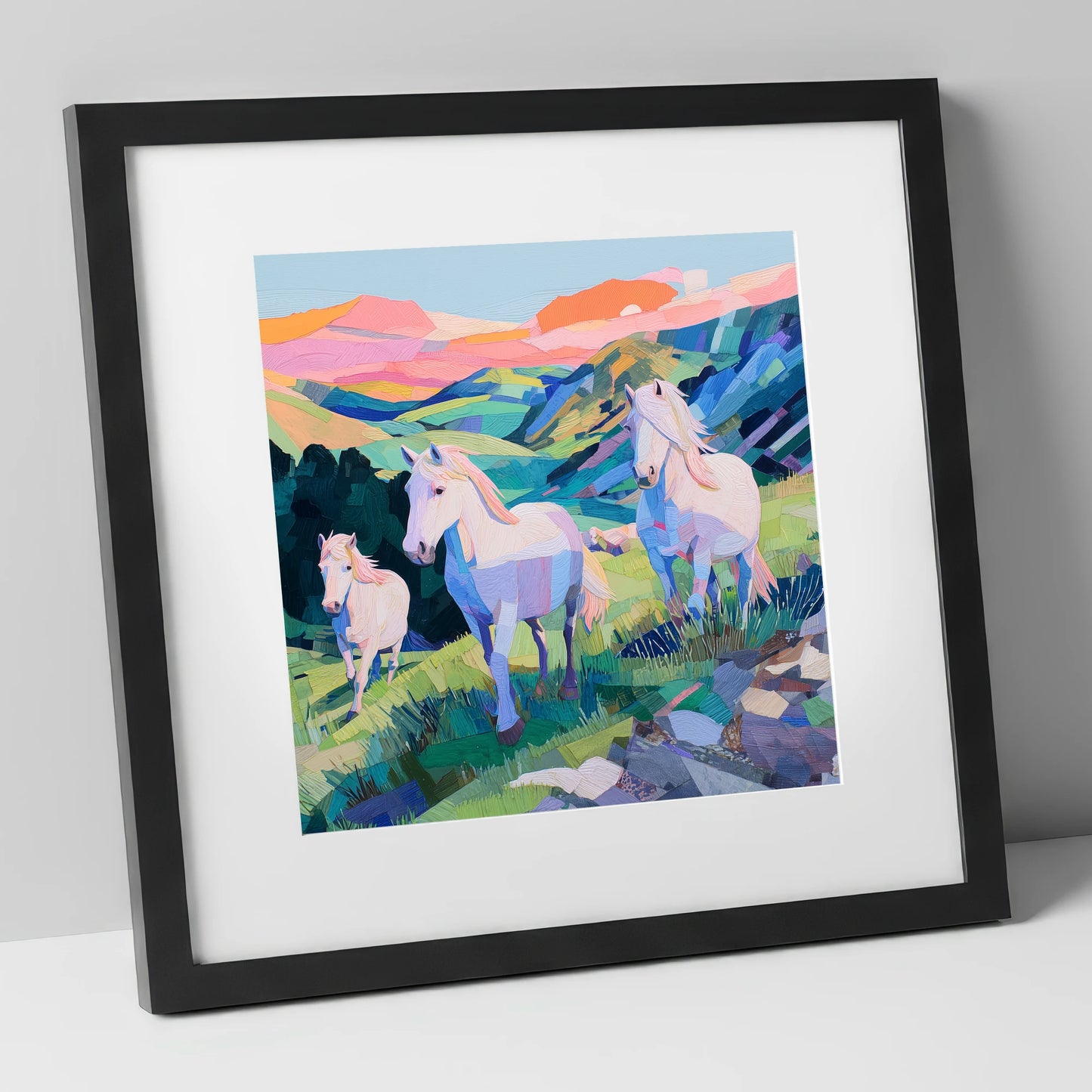 Vibrant Valley Herd horse landscape art print in black frame