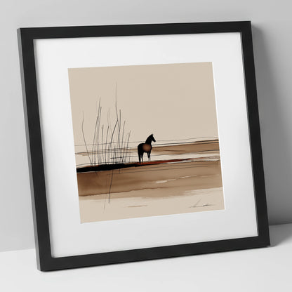 Marshland Solitude horse landscape art print in black frame
