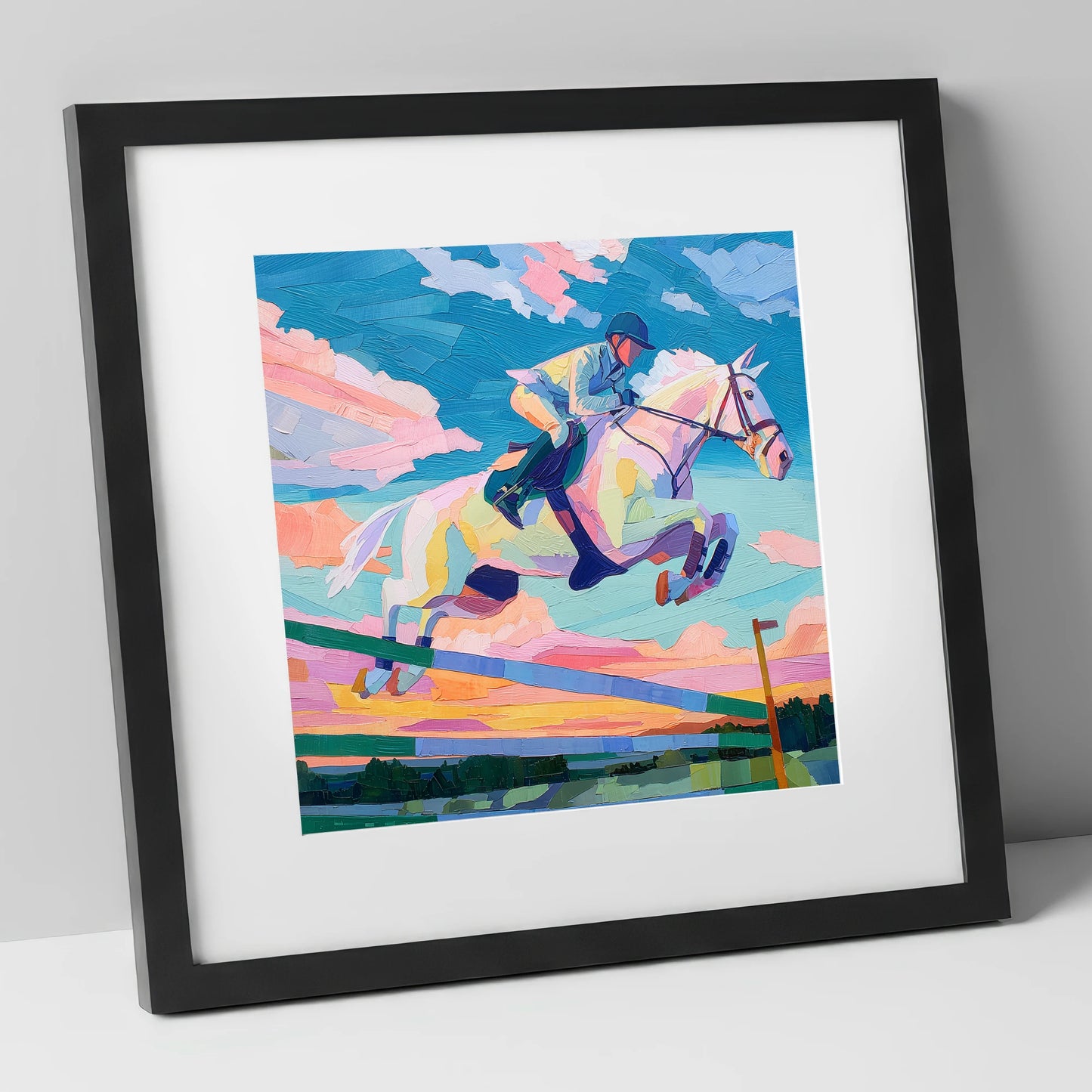 Technicolour Flight show jumping horse art print in black frame
