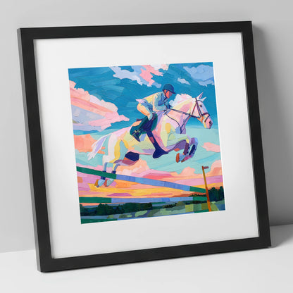 Technicolour Flight show jumping horse art print in black frame